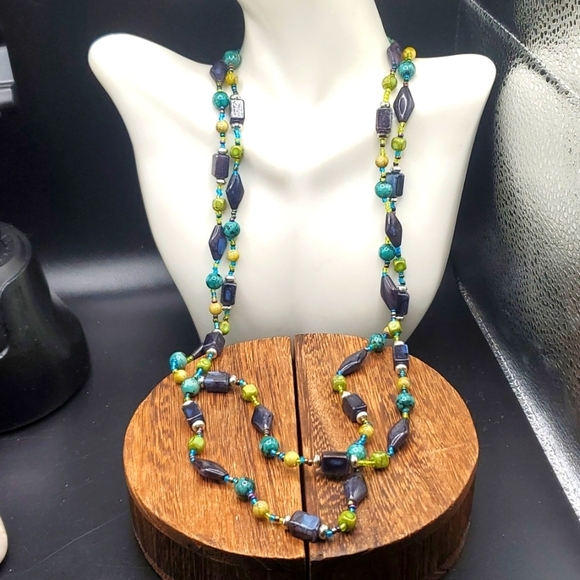 N2914 ceramic glass and‎ stone mixed double layer necklace - Picture 1 of 3